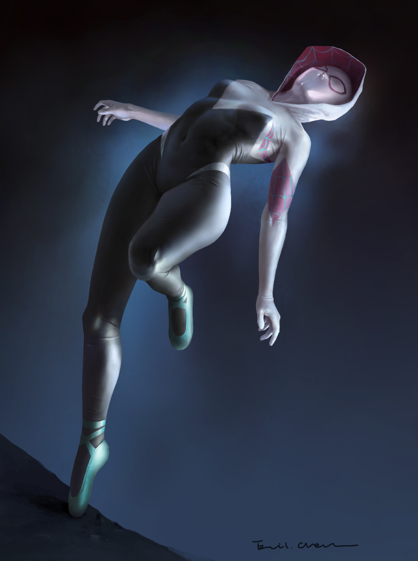 1girl absurdres arched_back ballet_slippers bodysuit breasts covered_navel fangfu_kandaole_yuzhou full_body highres hooded_bodysuit leaning_back mask medium_breasts solo spider-gwen spider-man:_into_the_spider-verse spider-man_(series) spider_web_print superhero tiptoes