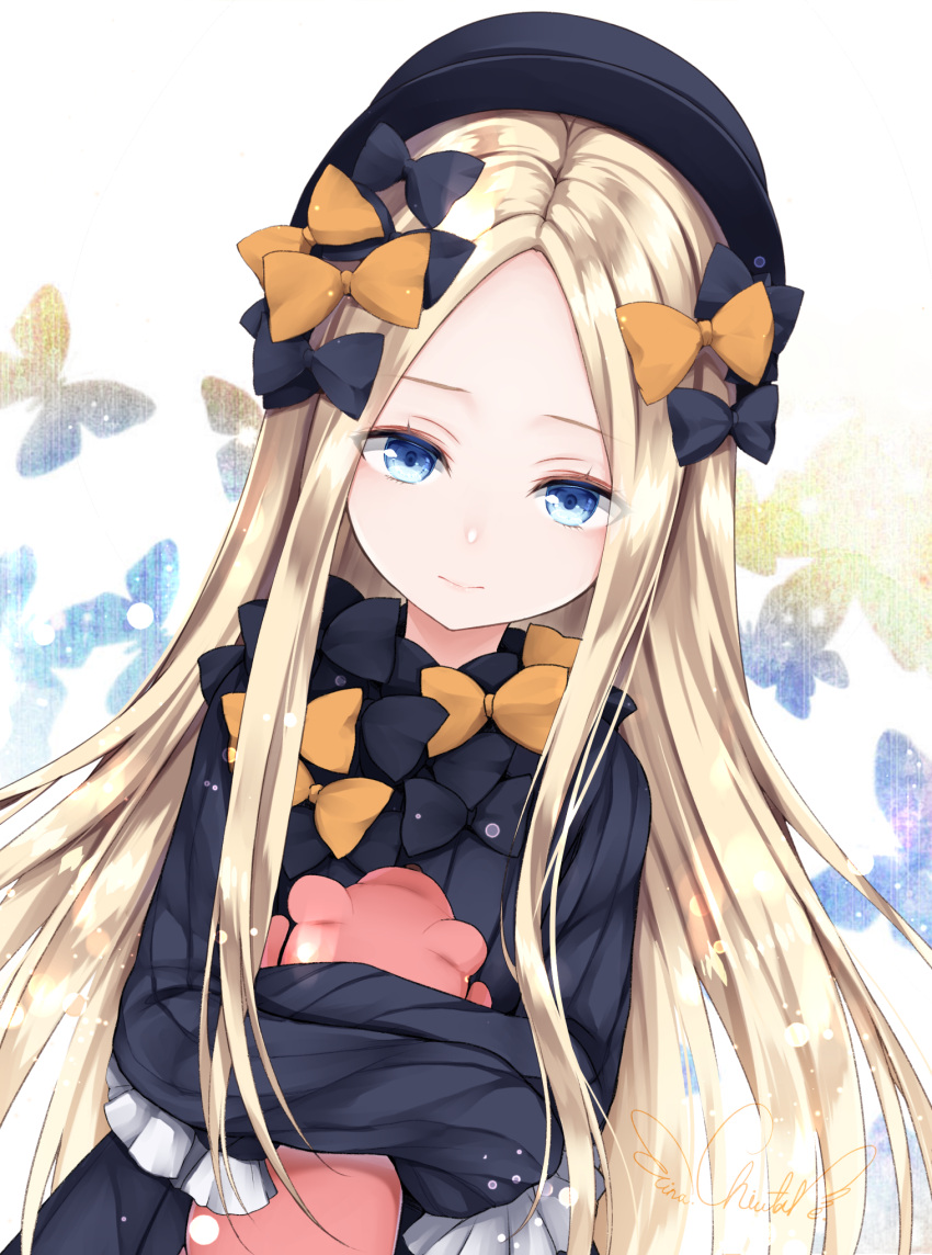 1girl abigail_williams_(fate/grand_order) bangs black_bow black_dress black_headwear blonde_hair blue_eyes blush bow bug butterfly chiutake_mina dress fate/grand_order fate_(series) forehead hat highres insect long_hair looking_at_viewer orange_bow parted_bangs ribbed_dress sleeves_past_fingers sleeves_past_wrists solo stuffed_animal stuffed_toy teddy_bear white_background