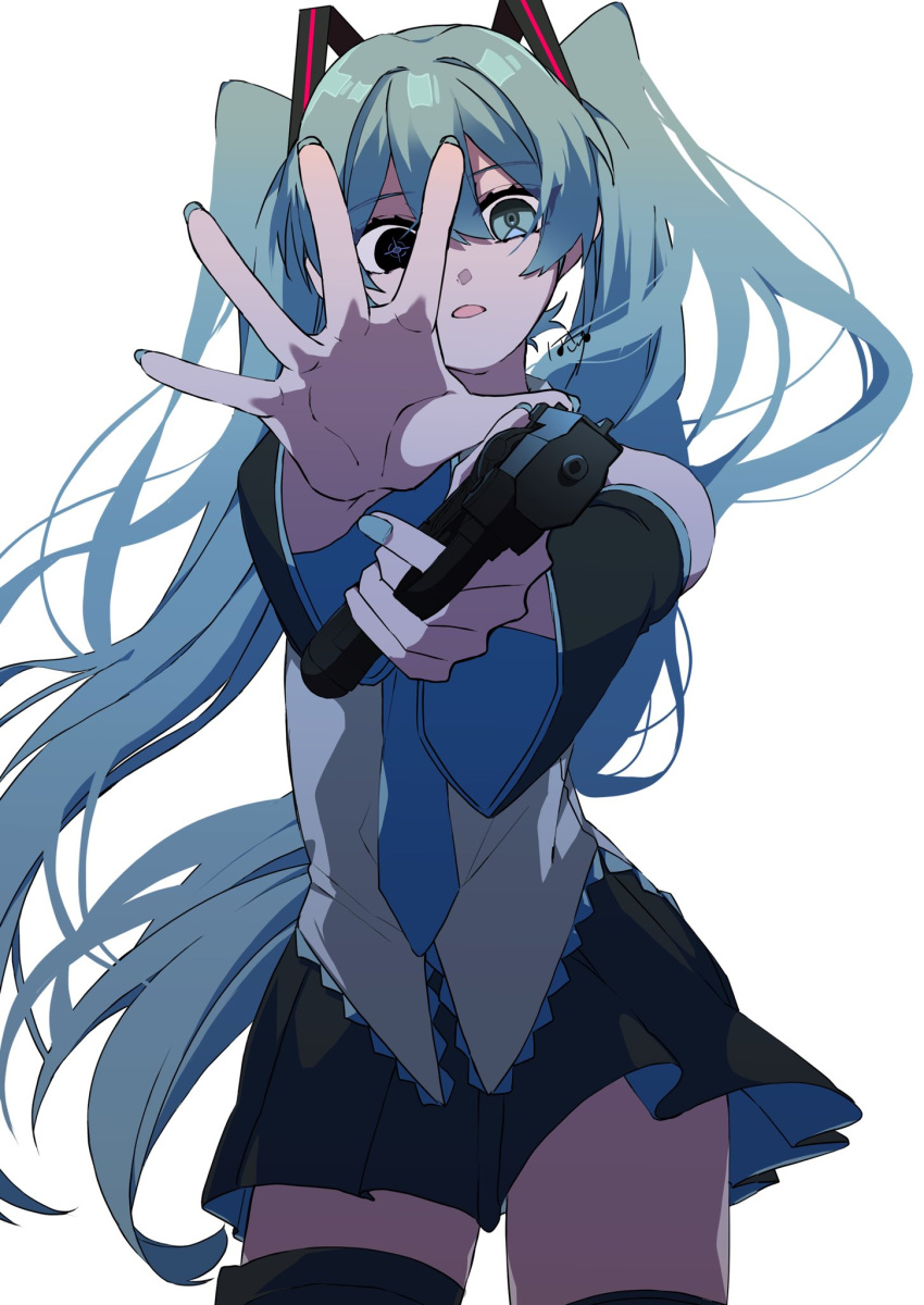 1girl aiming aiming_at_viewer black_eyes black_skirt black_thighhighs blue_eyes blue_hair blue_nails blue_necktie commentary contrapposto cowboy_shot crosshair_pupils detached_sleeves eiku expressionless floating_hair grey_shirt gun hair_ornament handgun hatsune_miku head_tilt heterochromia highres holding holding_gun holding_weapon long_hair looking_at_viewer miniskirt mismatched_pupils necktie open_hand open_mouth outstretched_arms shirt signature simple_background skirt sleeveless sleeveless_shirt solo symbol-only_commentary thigh-highs twintails vocaloid weapon white_background wide_sleeves zettai_ryouiki