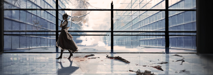 1girl absurdres agent_(girls_frontline) black_clothes black_hair black_legwear bleeding blood bloody_weapon boots bow broken_glass building dismemberment double_bun dress facing_away fish_g girls_frontline glass glass_wall gloves gun hair_ornament hidden_face high_heel_boots high_heels highres huge_filesize large_bow long_dress maid profile reflection reflective_floor rifle sangvis_ferri shattered short_hair short_sleeves solo walking weapon white_bow