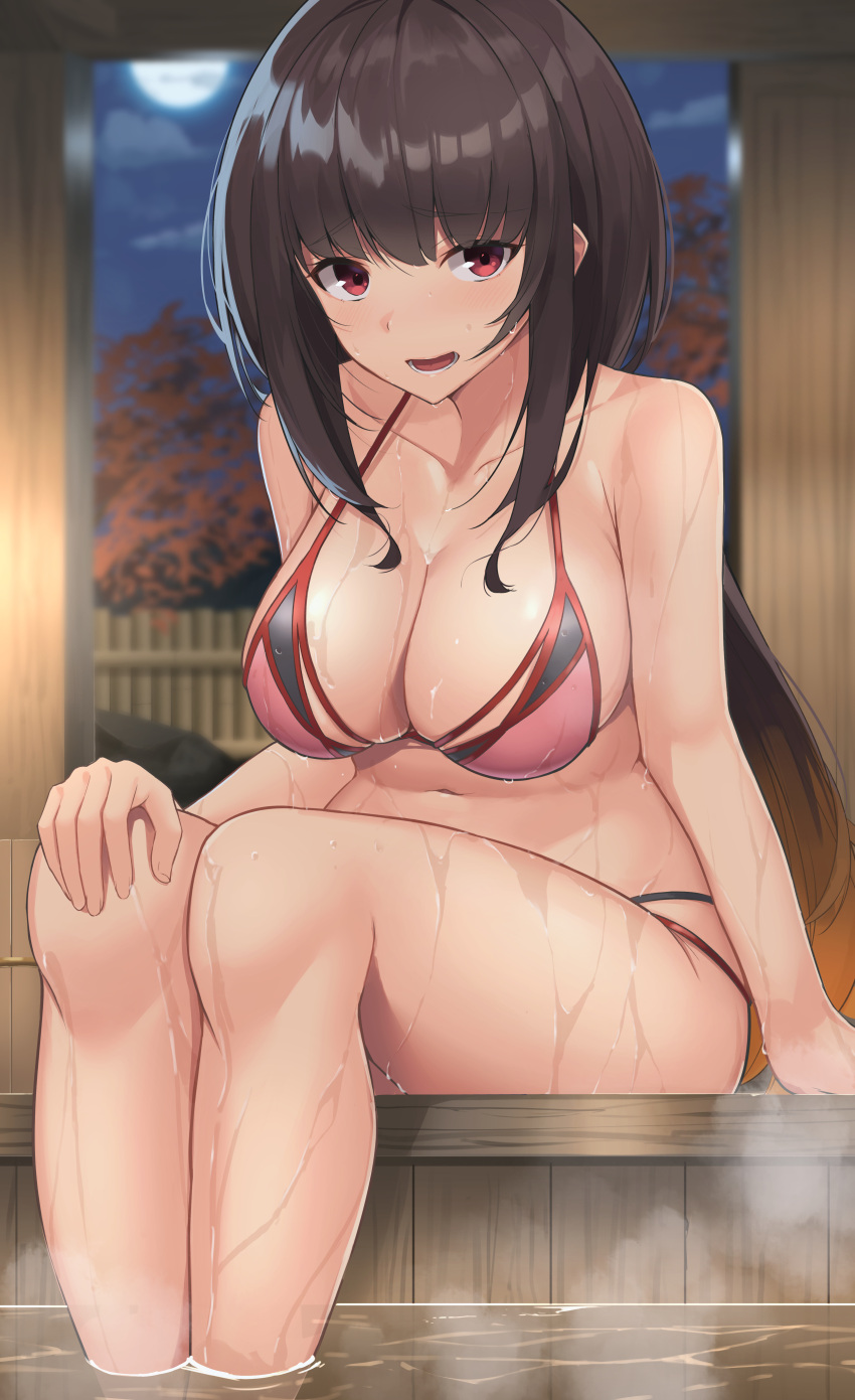 1girl absurdres bangs bare_arms bare_legs bare_shoulders bikini black_hair blush breasts clouds collarbone commentary_request eyebrows_visible_through_hair fate/grand_order fate_(series) feet_out_of_frame halterneck highres large_breasts long_hair looking_at_viewer moon night night_sky onsen open_mouth osakabe-hime_(fate/grand_order) phano_(125042) pink_bikini red_eyes sidelocks sitting sky soaking_feet solo steam swimsuit thighs water wet