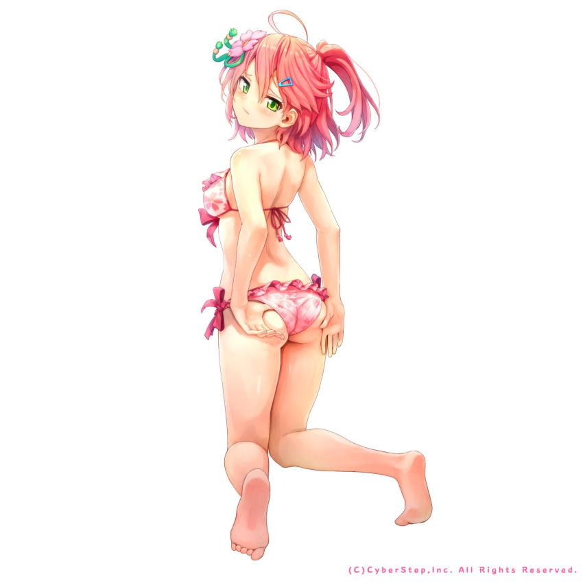 1girl absurdres ahoge alternate_costume ass bangs bare_shoulders bikini breasts cherry_blossom_print cherry_blossoms closed_mouth collaboration copyright dawn_of_the_breakers feet flower frilled_bikini frilled_bikini_bottom frills from_behind full_body green_eyes hair_between_eyes hair_flower hair_ornament hairclip highres hololive kneeling kneepits medium_breasts medium_hair morizo_cs official_alternate_costume official_art pink_bikini pink_hair sakura_miko soles solo swimsuit thighs tied_hair toes virtual_youtuber white_background