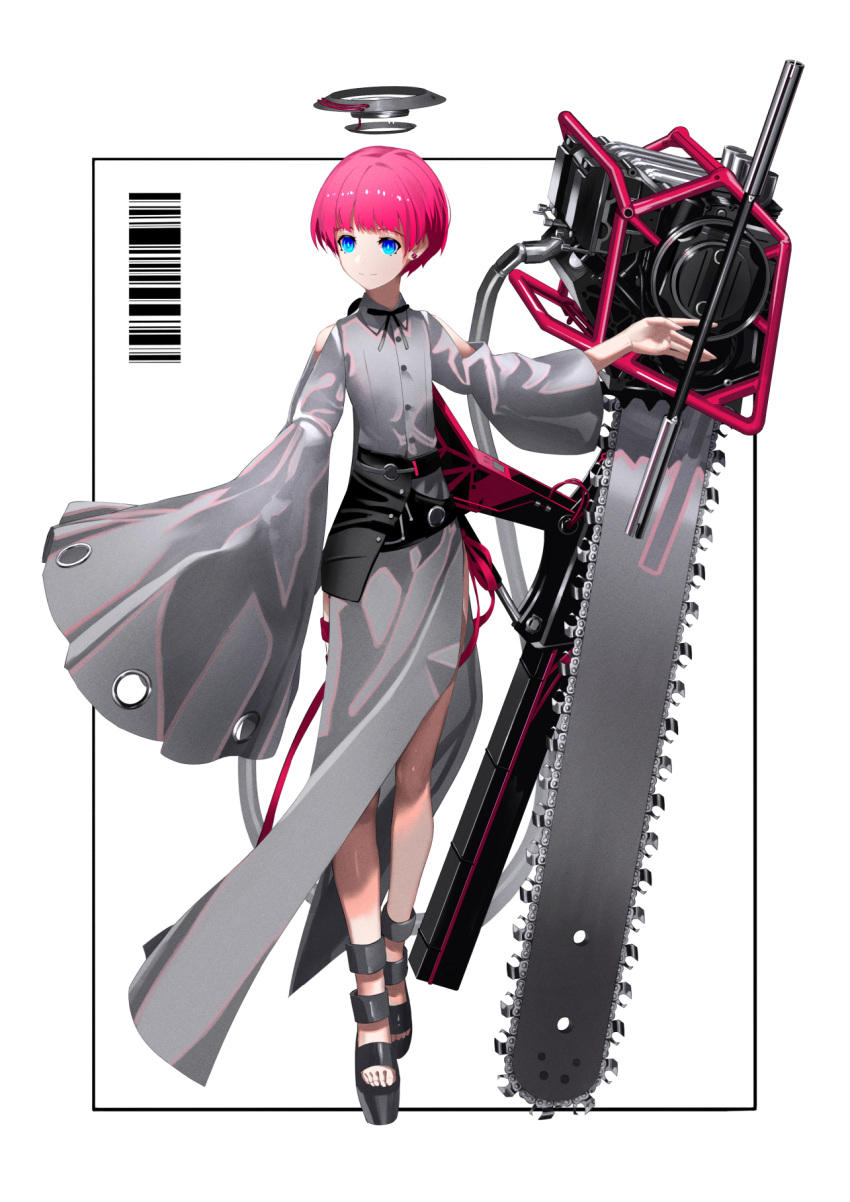 1girl asymmetrical_clothes asymmetrical_sleeves barcode bare_shoulders blue_eyes chainsaw earrings full_body highres huge_weapon jewelry mechanical_halo original pink_hair platform_footwear short_hair shoulder_cutout sleeves_past_wrists smile solo stud_earrings tsuki-shigure tube weapon white_background