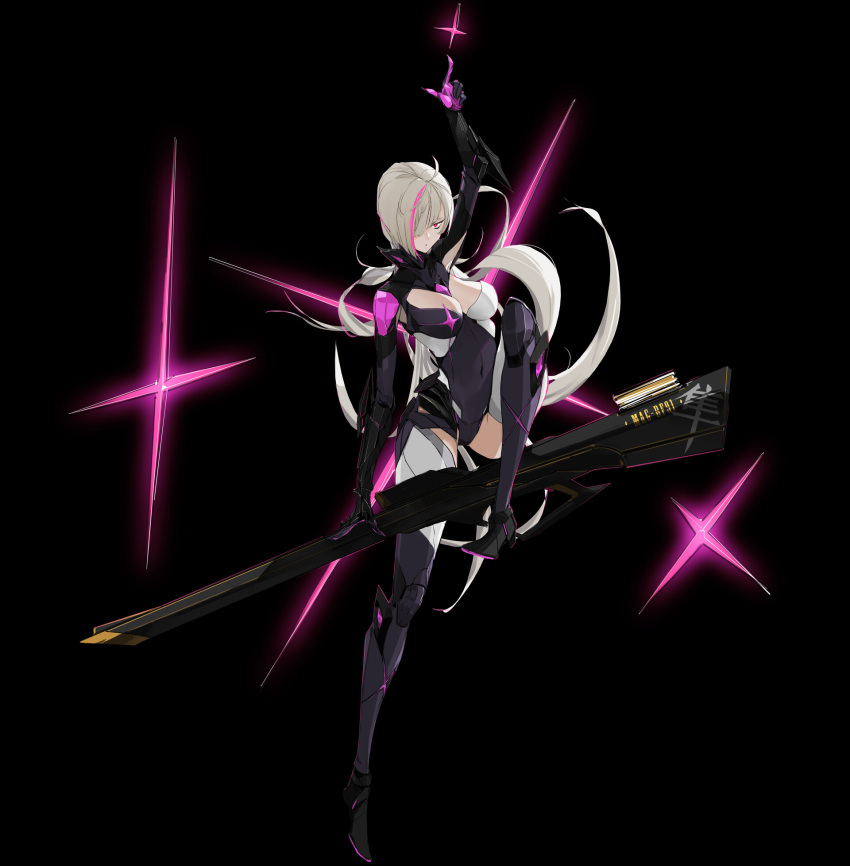 1girl arm_up bamuth black_background black_gloves floating gloves glowing gun hair_over_one_eye highres long_hair multicolored multicolored_clothes multicolored_gloves multicolored_hair original parted_lips pink_eyes pink_hair purple_gloves simple_background solo weapon white_hair