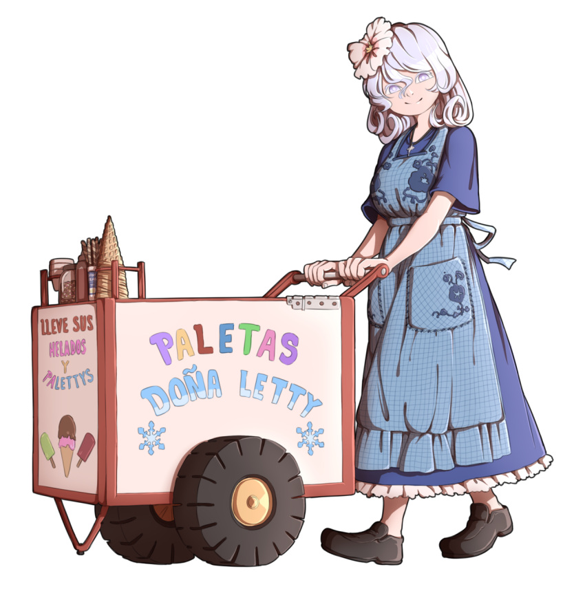 1girl adapted_costume apron blue_dress bottle cart commentary cup curly_hair dress flower food frills full_body grey_eyes hair_between_eyes hair_flower hair_ornament highres ice_cream ice_cream_bar ice_cream_cone jar jewelry letty_whiterock loafers looking_at_viewer mefomefo necklace no_socks pocket shoes short_sleeves silver_hair simple_background smile snowflakes solo spanish_text sprinkles touhou translated white_background wide_sleeves