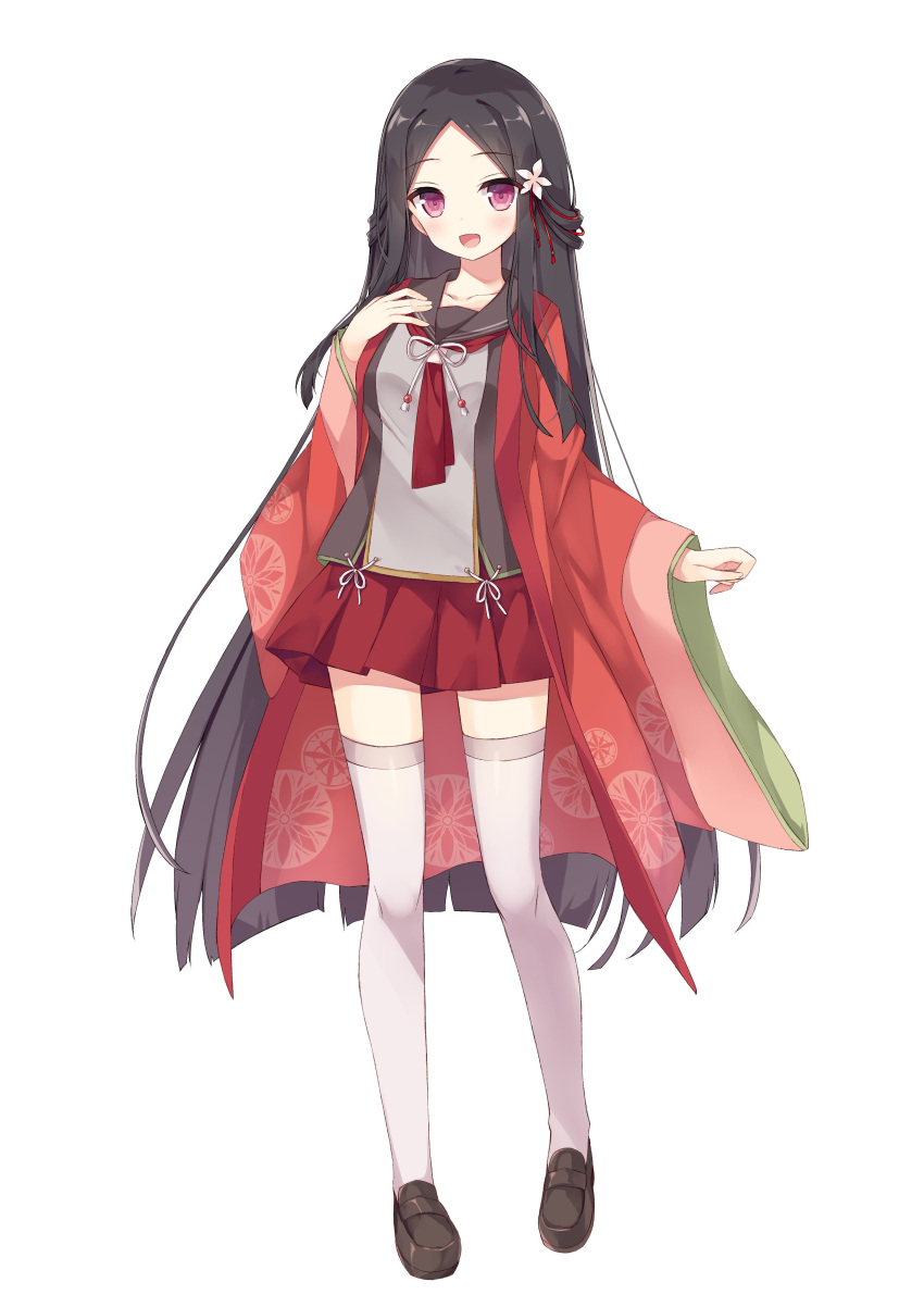 1girl :d absurdres bangs black_footwear black_hair black_sailor_collar blush breasts character_request collarbone commentary_request eyebrows_visible_through_hair flower forehead full_body grey_shirt hair_flower hair_ornament hand_up highres hoshi_(snacherubi) loafers long_hair long_sleeves looking_at_viewer official_art onsen_musume open_clothes open_mouth parted_bangs pleated_skirt red_neckwear red_skirt sailor_collar school_uniform serafuku shirt shoes simple_background skirt small_breasts smile solo standing thigh-highs very_long_hair violet_eyes white_background white_flower white_legwear wide_sleeves