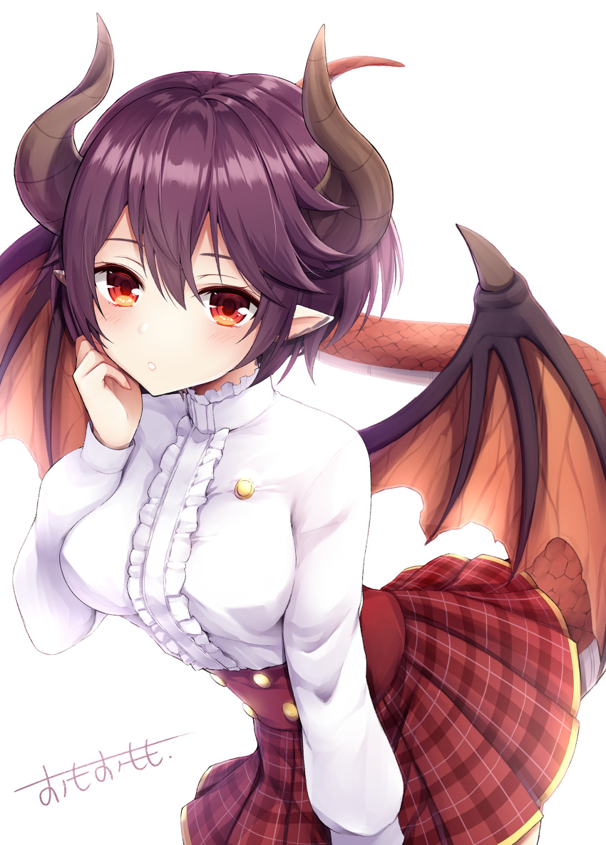 1girl absurdres breasts commentary_request dragon_girl dragon_horns dragon_tail dragon_wings frilled_shirt frills grea_(shingeki_no_bahamut) hair_between_eyes hand_up high-waist_skirt highres horns leaning_forward long_sleeves looking_at_viewer medium_breasts omoomomo parted_lips plaid plaid_skirt pleated_skirt pointy_ears purple_hair red_eyes red_skirt revision shingeki_no_bahamut shirt short_hair sidelocks simple_background skirt solo standing tail white_background white_shirt wings