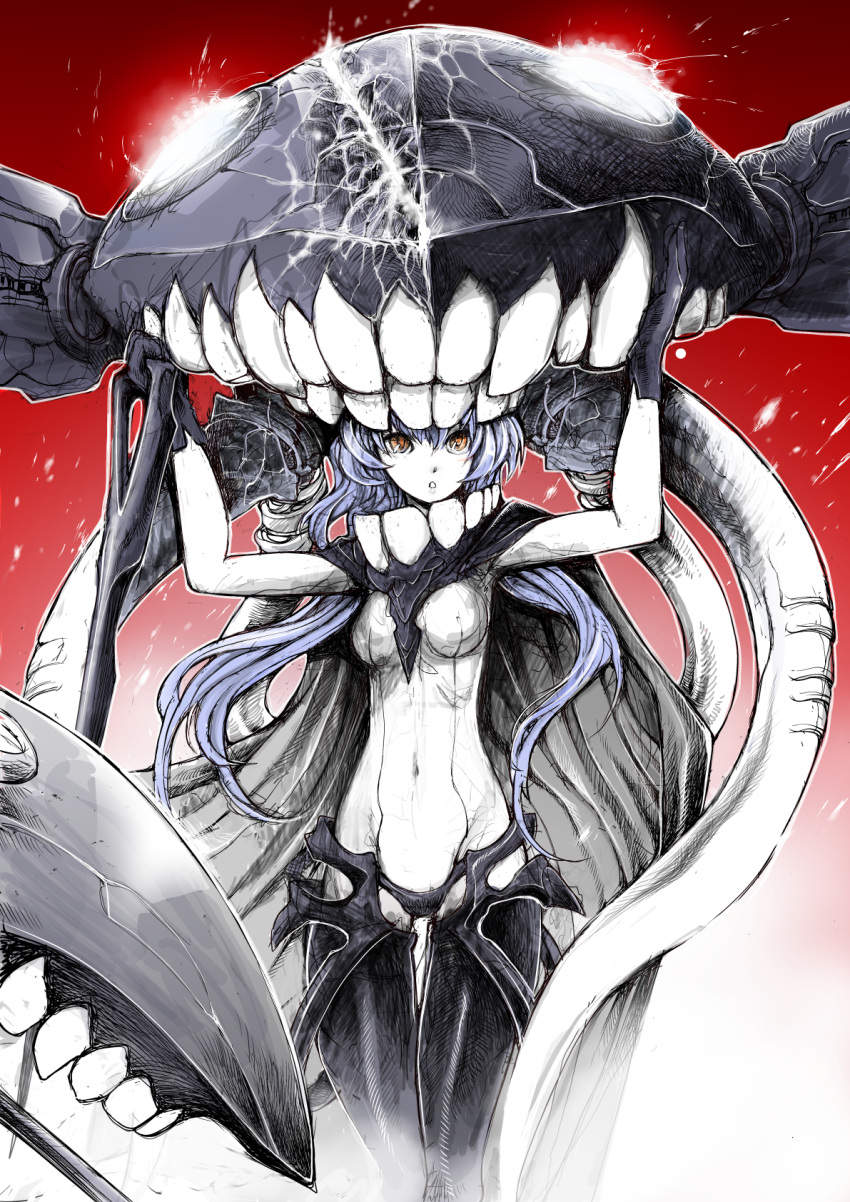 1girl :o bangs black_cape black_headwear bodysuit breasts burningblossom cane cape glowing hat headgear highres holding holding_cane kantai_collection long_hair medium_breasts navel orange_eyes pale_skin purple_hair red_background shinkaisei-kan simple_background solo teeth tentacles white_skin wo-class_aircraft_carrier