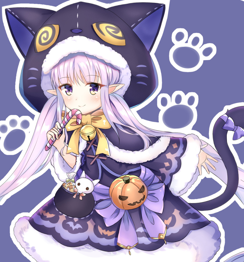 1girl animal_ears animal_hood bangs bell black_capelet black_jacket black_skirt blush bow candy candy_cane capelet cat_ears cat_girl cat_hood cat_tail closed_mouth commentary_request eyebrows_visible_through_hair fake_animal_ears food fur-trimmed_hood fur-trimmed_skirt fur-trimmed_sleeves fur_trim highres hikawa_kyoka holding holding_food hood hooded_capelet jack-o'-lantern jacket jingle_bell long_hair long_sleeves low_twintails lydia601304 outline paw_background pointy_ears princess_connect! princess_connect!_re:dive purple_bow purple_hair skirt sleeves_past_wrists smile solo tail tail_bow tail_raised twintails very_long_hair violet_eyes white_outline wide_sleeves yellow_bow