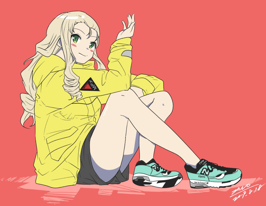 1girl artist_name black_shorts blonde_hair casual closed_mouth commentary cross-laced_footwear dated drill_hair from_side girls_und_panzer green_eyes green_footwear highres hood hooded_jacket jacket light_blush long_hair long_sleeves looking_at_viewer marie_(girls_und_panzer) new_balance no_socks shoes short_shorts shorts signature simple_background sitting smile sneakers solo yellow_jacket zono_(inokura_syuzo029)