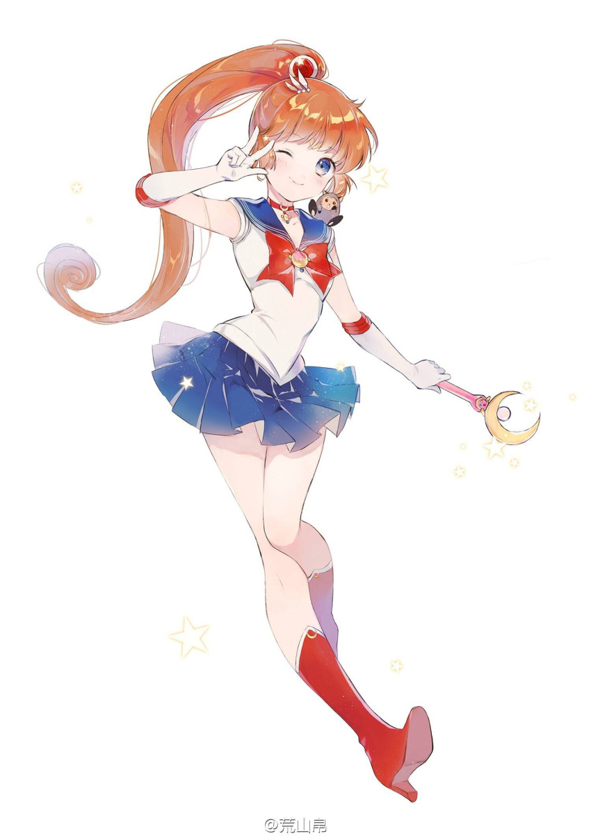 alicesakura bishoujo_senshi_sailor_moon blue_eyes blue_sailor_collar blue_skirt blush boots choker cosplay elbow_gloves full_body gloves hair_ornament hairclip haneoka_meimi highres holding holding_wand kaitou_saint_tail long_hair looking_at_viewer magical_girl moon_stick on_shoulder one_eye_closed pleated_skirt red_footwear ruby_(kaitou_saint_tail) sailor_collar sailor_moon sailor_moon_(cosplay) sailor_senshi_uniform saint_tail skirt smile solo very_long_hair wand white_background