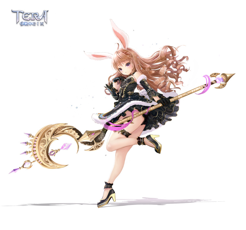 1girl animal_ears black_dress black_footwear black_gloves black_panties black_sleeves blonde_hair choker curly_hair detached_sleeves dress elin_(tera) full_body gloves hand_on_own_chest high_heels highres ji-hyun_ro leg_up legs long_hair official_art open_mouth panties pink_eyes rabbit_ears shoes short_dress simple_background solo staff standing standing_on_one_leg tera_online thigh_strap thighs underwear very_long_hair weapon white_background wind wind_lift