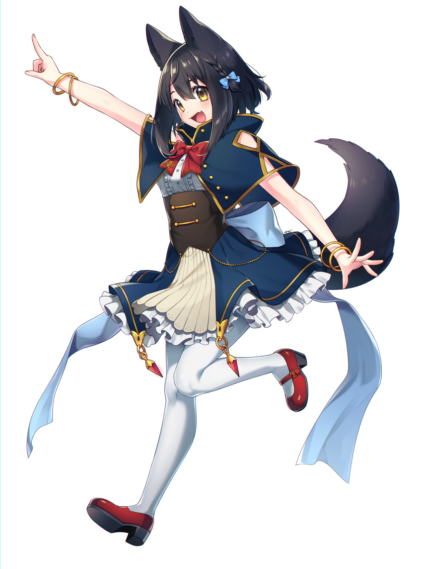 1girl :d absurdres animal_ear_fluff animal_ears arm_up bangle bangs black_hair blue_bow blue_capelet blue_skirt blush bow bracelet braid breasts brown_eyes capelet center_frills commentary_request eyebrows_visible_through_hair fang frilled_skirt frills full_body hair_between_eyes hair_bow high_heels highres jewelry looking_at_viewer mary_janes open_mouth original outstretched_arm pantyhose red_bow red_footwear sakura_chiyo_(konachi000) shirt shoes simple_background single_braid skirt small_breasts smile solo tail tail_raised underbust white_background white_legwear white_shirt