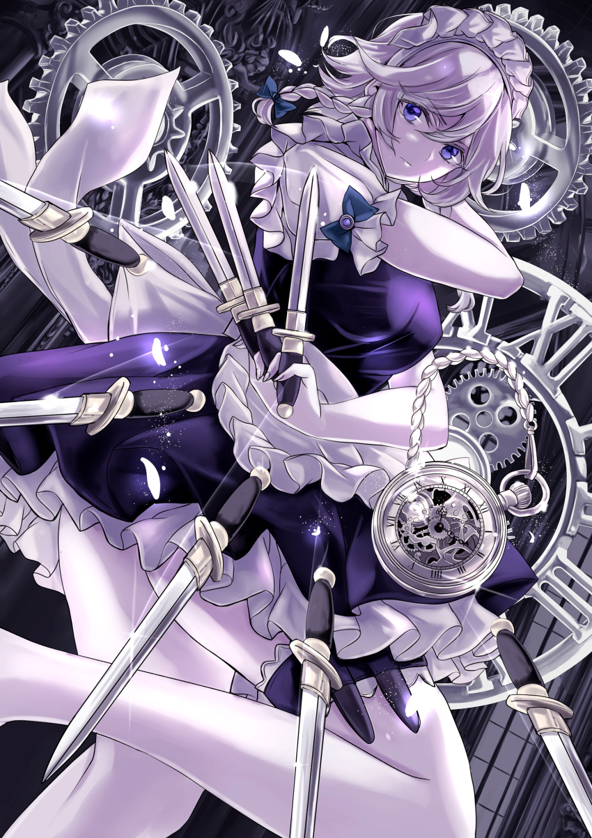1girl absurdres apron bangs between_fingers blue_bow blue_dress blue_eyes bow braid breasts commentary_request dress eyebrows_visible_through_hair feet_out_of_frame frilled_apron frills gears hair_between_eyes hair_bow highres holding holding_knife holding_weapon holster izayoi_sakuya jan_(lightdragoon) knife knives_between_fingers looking_at_viewer maid maid_apron maid_headdress medium_breasts pale_skin petals petticoat pocket_watch puffy_short_sleeves puffy_sleeves serious short_dress short_hair short_sleeves side_braid silver_hair solo stopwatch thigh_holster thigh_strap thighs time_stop touhou twin_braids waist_apron watch weapon white_apron