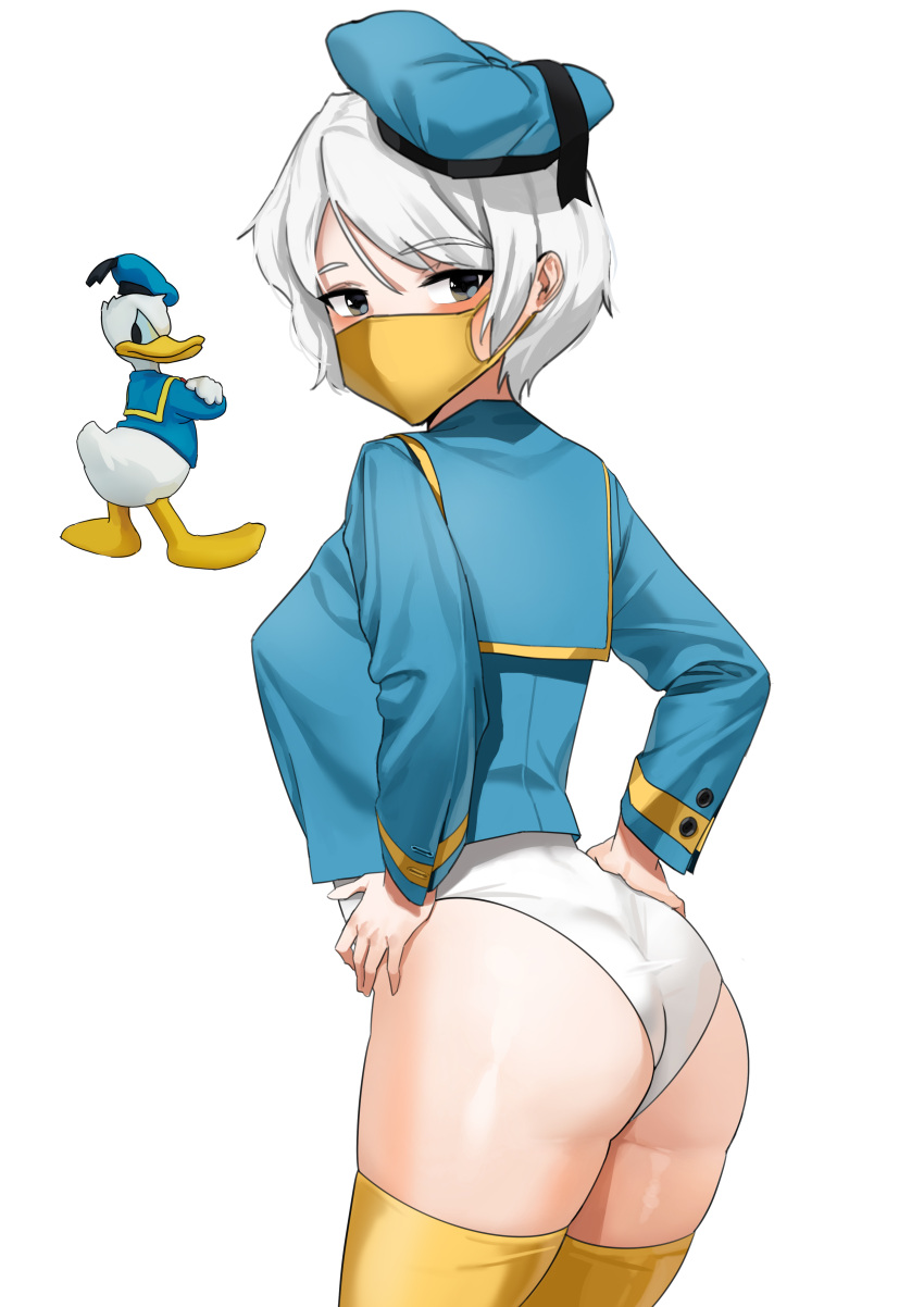 1boy 1girl absurdres angry animal ass bird blue_headwear blue_shirt breasts brown_eyes crossed_arms disney donald_duck duck eyebrows_visible_through_hair female_focus genderswap genderswap_(mtf) hat highres human lee0110 leotard long_sleeves looking_at_viewer mickey_mouse_(series) personification sailor_collar sailor_hat sailor_shirt shirt short_hair simple_background surgical_mask swimsuit_under_clothes thigh-highs white_background white_hair white_leotard yellow_legwear