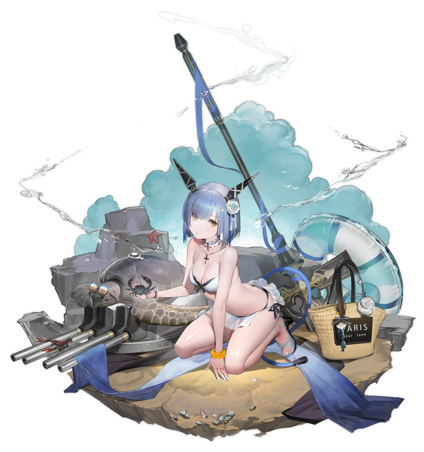 1girl azur_lane bangs bare_shoulders barefoot_sandals bikini blue_hair crab cross cross_necklace flower gascogne_(azur_lane) gascogne_(beach_adaptive_armor)_(azur_lane) hair_flower hair_ornament headgear highres jewelry kneeling liduke neck_ribbon necklace official_art ribbon shiny shiny_skin short_hair solo swimsuit thighs transparent_background turtle wet wet_clothes wet_swimsuit white_bikini wrist_ribbon yellow_eyes