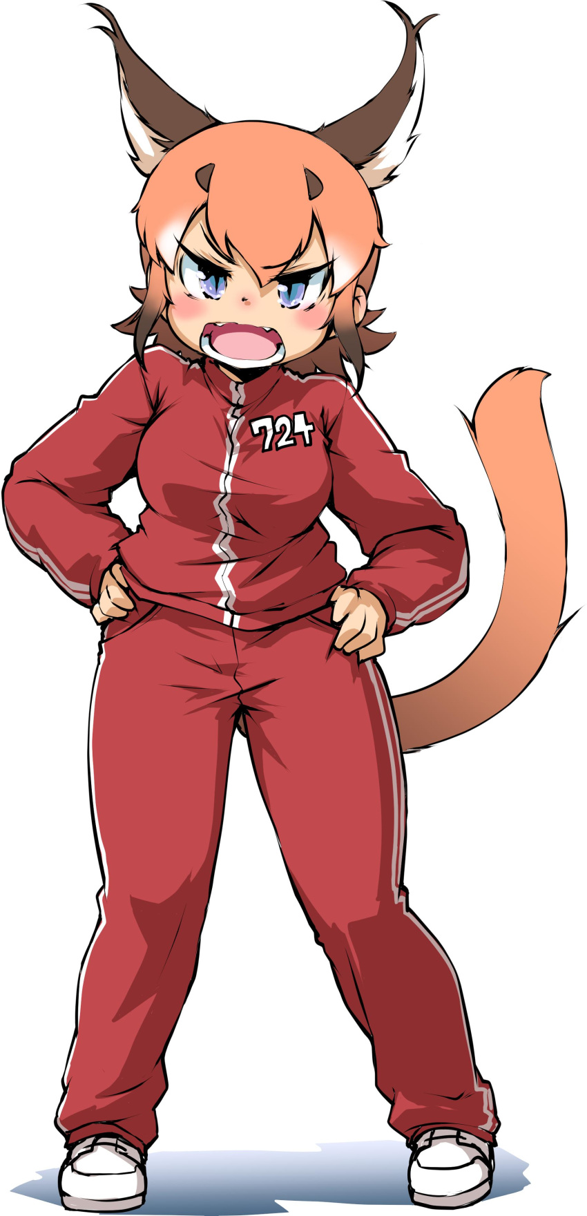 1girl absurdres animal_ears banufure blue_eyes brown_hair caracal_(kemono_friends) caracal_ears caracal_tail commentary_request extra_ears eyebrows_visible_through_hair fangs full_body gradient_hair hands_on_hips highres jacket kemono_friends legs_apart long_sleeves looking_at_viewer multicolored_hair open_mouth orange_hair pants red_jacket red_pants short_hair simple_background slit_pupils solo standing tail track_jacket track_pants track_suit v-shaped_eyebrows white_background white_hair