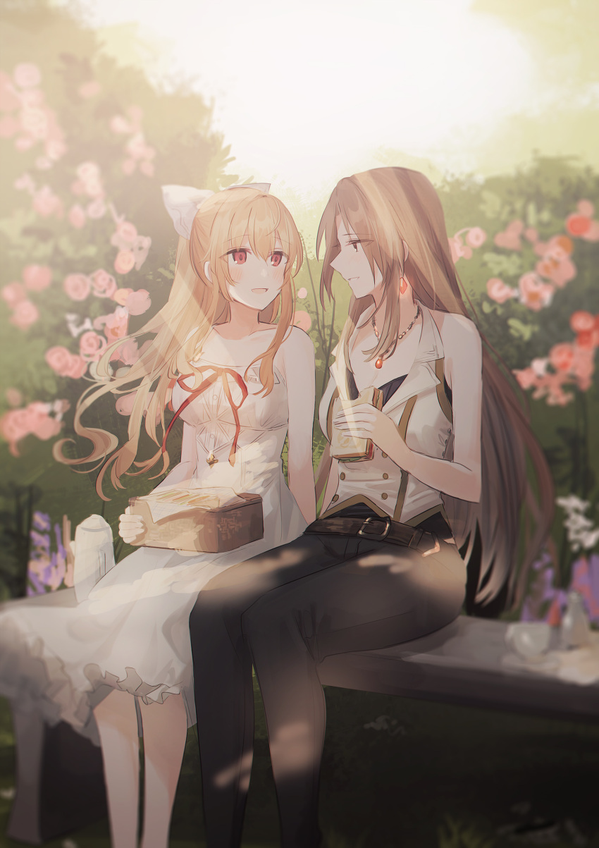 2girls :d absurdres bangs bare_arms bare_shoulders belt belt_buckle black_pants blurry blurry_background blush bow brown_belt brown_eyes brown_hair buckle character_request chihuri commentary_request depth_of_field dress earrings eyebrows_visible_through_hair feet_out_of_frame flower food granblue_fantasy hair_between_eyes hair_bow highres holding holding_food jewelry katalina_aryze long_hair multiple_girls on_bench open_mouth pants parted_lips pendant pink_flower pink_rose red_eyes rose rose_bush sandwich shirt sitting_on_bench sleeveless sleeveless_dress sleeveless_shirt smile very_long_hair vira_lilie white_bow white_dress white_shirt