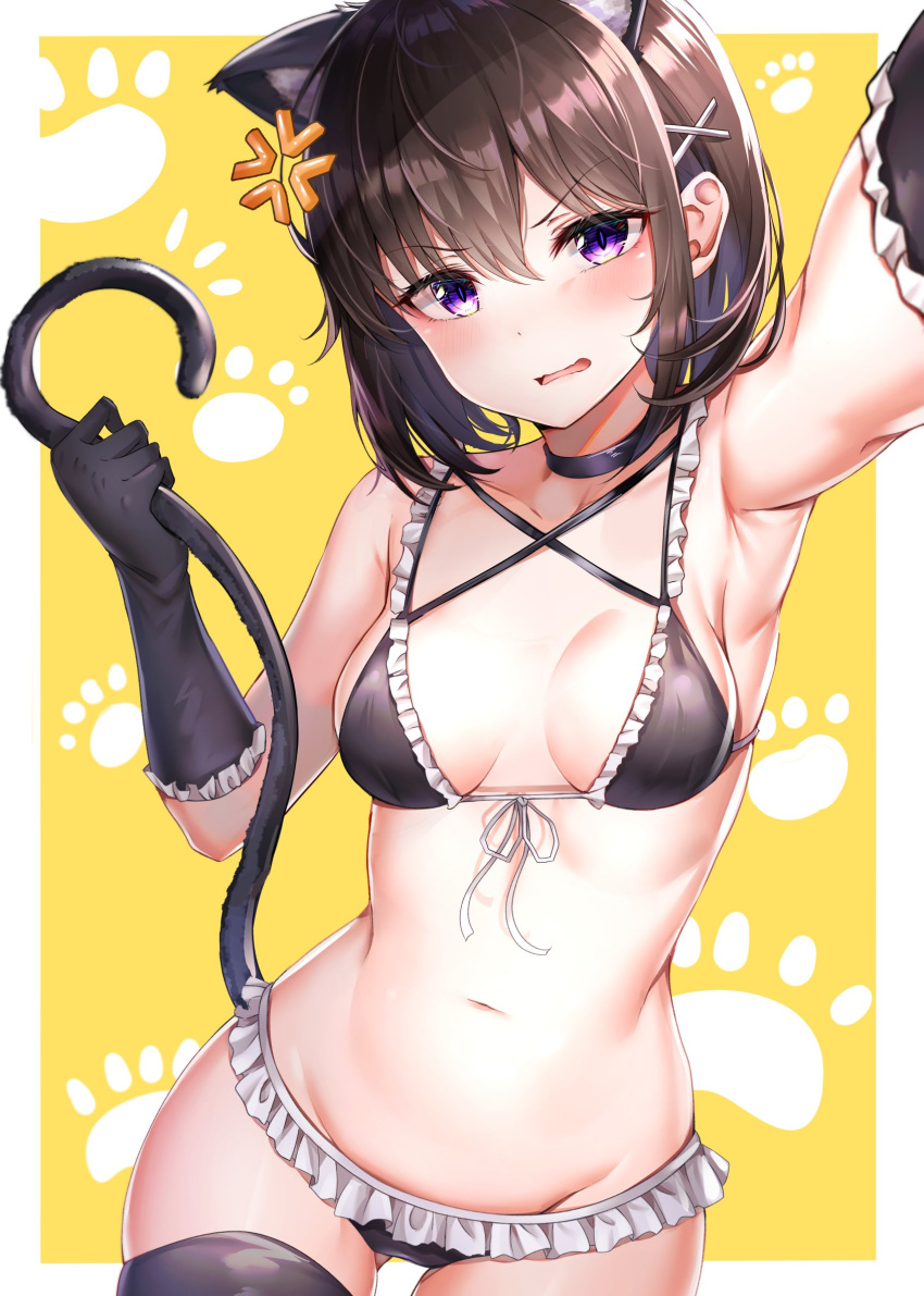1girl anger_vein animal_ears armpits ass_visible_through_thighs bare_shoulders bikini black_bikini black_choker black_gloves black_legwear breasts breasts_apart brown_hair cat_ears cat_girl cat_tail choker cowboy_shot foreshortening frilled_bikini frills front-tie_bikini front-tie_top frown gloves groin hair_ornament hand_up highres holding holding_tail looking_at_viewer medium_breasts navel open_mouth original outstretched_arm paw_background self_shot short_hair sidelocks skindentation solo stomach sunhyun swimsuit tail thigh-highs v-shaped_eyebrows violet_eyes x_hair_ornament yellow_background