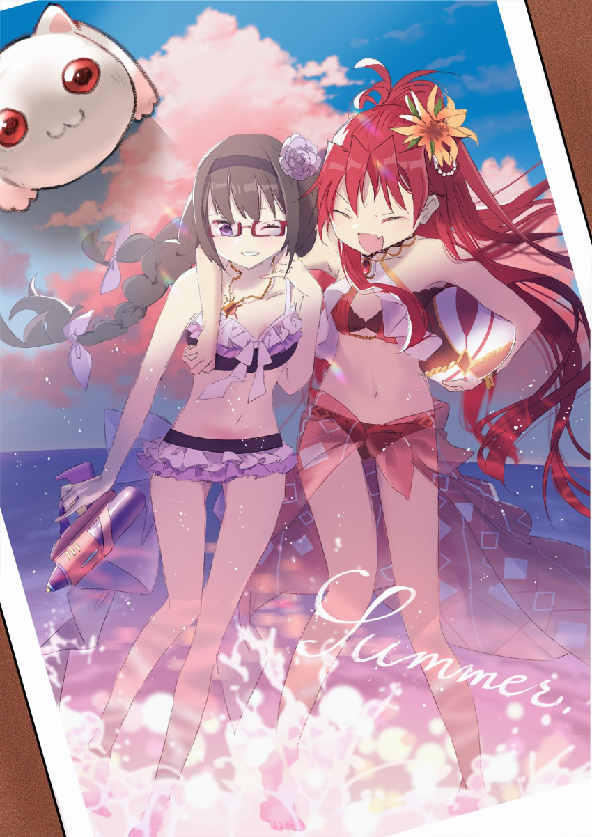 2girls :d ;d ^_^ akemi_homura arm_around_neck arm_at_side ball bangs bare_arms bare_legs bare_shoulders barefoot beach beachball bikini black_bikini black_hair black_hairband blue_sky blunt_bangs blush bracelet braid breasts carrying carrying_under_arm closed_eyes clothes_around_waist clouds cloudy_sky collar collarbone commentary_request day dutch_angle english_text flower frilled_bikini frilled_bikini_bottom frilled_bikini_top frills full_body glasses gun hair_flower hair_ornament hair_ribbon hairband happy high_ponytail highres holding holding_ball holding_gun holding_weapon jewelry kyubey light_rays long_hair looking_at_another mahou_shoujo_madoka_magica midriff multiple_girls objectification ocean one_eye_closed open_mouth orange_flower outdoors partially_submerged photo_(object) ponytail purple_bikini purple_flower purple_ribbon purple_rose red-framed_eyewear redhead ribbon rose sakura_kyouko see-through sky small_breasts smile soaking_feet standing stomach summer sunbeam sunlight swimsuit teeth text_focus twin_braids very_long_hair waist_cape watanuki_uchiha water water_gun weapon