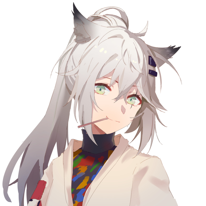 1girl animal_ear_fluff animal_ears arknights bangs black_shirt closed_mouth eyebrows_visible_through_hair food food_in_mouth green_eyes grey_hair hair_between_eyes hair_ornament hairclip high_ponytail highres hua_ye jacket lappland_(arknights) long_hair looking_at_viewer mouth_hold open_clothes open_jacket pocky ponytail scar scar_across_eye shirt smile solo upper_body white_jacket