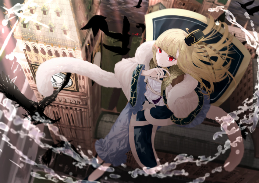 1girl bird blonde_hair building chinese_clothes clock clock_tower crow dress fate/grand_order fate_(series) floating frilled_sleeves frills fur hat highres io_ion london long_hair long_sleeves looking_at_viewer lord_el-melloi_ii_case_files outdoors red_eyes reines_el-melloi_archisorte smile solo tilted_headwear tower wind wind_lift