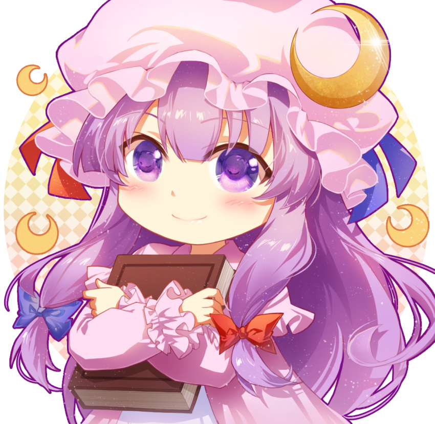 1girl bangs blue_ribbon blush book capelet chibi commentary crescent crescent_hair_ornament dress eyebrows_visible_through_hair hair_between_eyes hair_ornament hat hat_ribbon holding holding_book long_hair long_sleeves looking_at_viewer mob_cap patchouli_knowledge purple_capelet purple_dress purple_hair purple_headwear red_ribbon ribbon shangguan_feiying simple_background smile solo touhou upper_body violet_eyes white_background