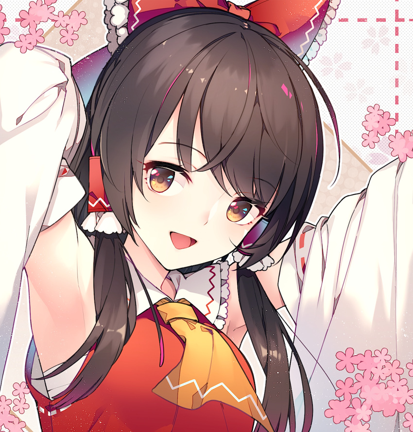 1girl :d armpits arms_up ascot bangs bare_shoulders black_hair bow brown_eyes commentary_request detached_sleeves eho_(icbm) eyebrows_visible_through_hair flower frilled_bow frilled_shirt_collar frills hair_bow hair_tubes hakurei_reimu highres long_hair long_sleeves looking_at_viewer open_mouth outline pink_flower red_bow ribbon-trimmed_sleeves ribbon_trim sarashi sidelocks smile solo touhou upper_body white_outline wide_sleeves yellow_neckwear