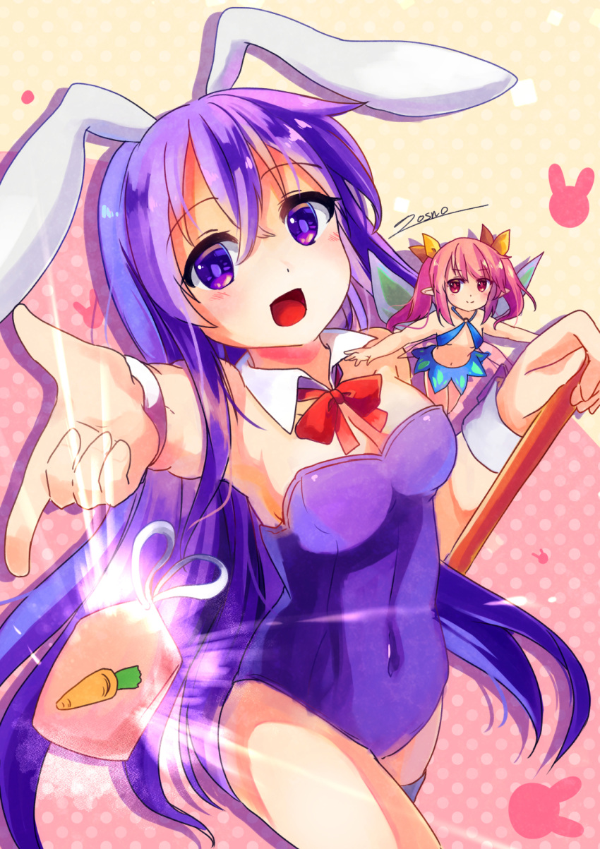 2girls :d amulet animal_ears bangs bare_shoulders bow bowtie breasts bunnysuit commentary_request detached_collar erina_(rabi-ribi) eyebrows_visible_through_hair fairy fairy_wings foreshortening glowing hair_between_eyes hair_ribbon highres leotard long_hair looking_at_viewer losno medium_breasts minigirl multiple_girls open_mouth outstretched_arm pink_background pink_hair pointy_ears polka_dot polka_dot_background purple_hair purple_leotard rabbit_ears rabi-ribi red_eyes red_neckwear ribbon ribbon_(rabi-ribi) signature simple_background smile twintails two-tone_background very_long_hair violet_eyes wings yellow_background yellow_ribbon