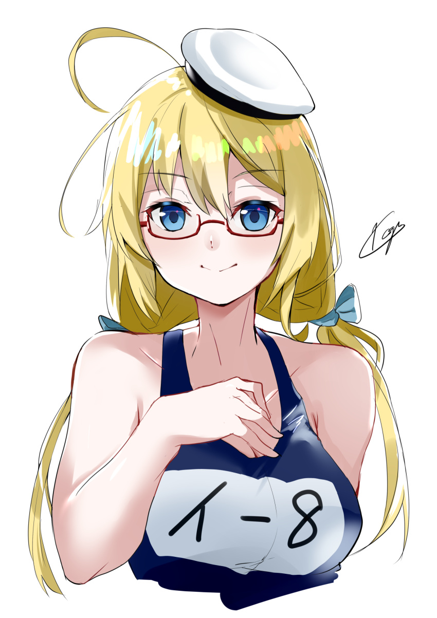 1girl absurdres blonde_hair blue_eyes blue_swimsuit breasts hat highres i-8_(kantai_collection) kantai_collection large_breasts looking_at_viewer low_twintails name_tag peaked_cap red-framed_eyewear school_swimsuit semi-rimless_eyewear simple_background solo sui_(sui27shika) swimsuit twintails under-rim_eyewear upper_body white_background