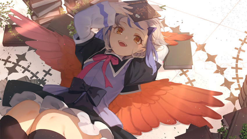 1girl :d arm_behind_head arms_up black_bow black_legwear black_skirt blue_hair book book_stack bow brown_eyes commentary_request eho_(icbm) feathered_wings feet_out_of_frame holding holding_book horns kneehighs knees_up light_particles long_sleeves looking_at_viewer lying miniskirt multicolored_hair neck_ribbon on_back open_mouth petticoat pink_neckwear pink_ribbon puffy_short_sleeves puffy_sleeves purple_vest red_wings ribbon short_hair short_sleeves silver_hair skirt smile solo tokiko_(touhou) touhou vest wide_sleeves wings