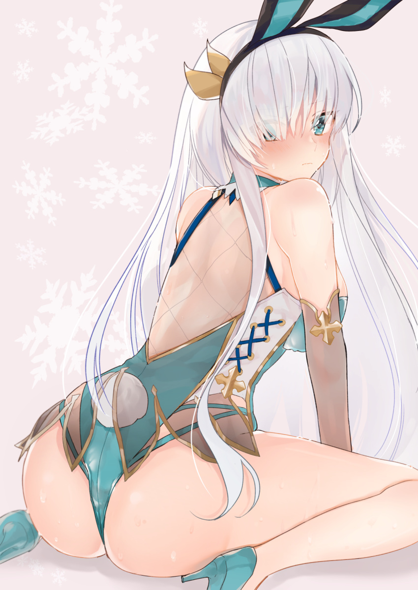 1girl alternate_costume anastasia_(fate/grand_order) animal_ears ass bare_shoulders blue_eyes blue_footwear blue_leotard breasts bunny_girl bunny_tail bunnysuit fake_animal_ears fate/grand_order fate_(series) hair_over_one_eye high_heels highleg highleg_leotard highres leotard long_hair medium_breasts mof_siromimi rabbit_ears seiza silver_hair sitting solo tail