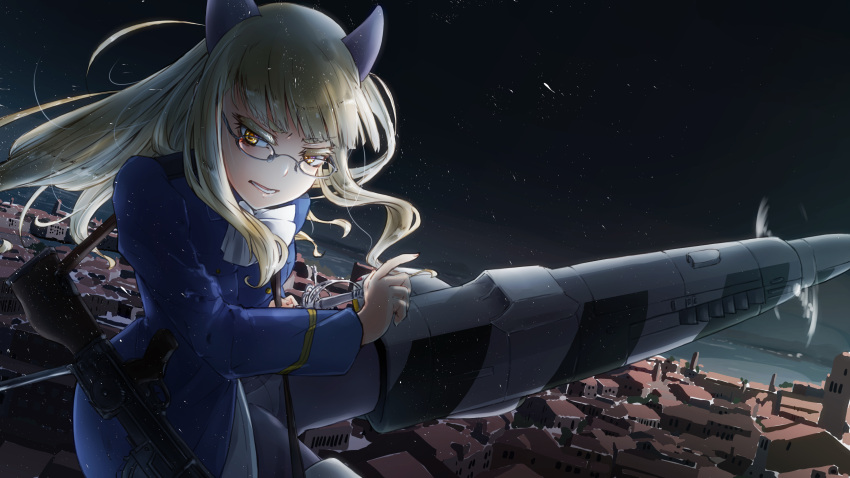 absurdres animal_ears bangs black_legwear black_sky blonde_hair blue_jacket blunt_bangs bren_lmg carrying cat_ears commentary cravat drawing_sword eyelashes flying frown glaring half-closed_eyes highres jacket kaya_(nari1-24) light_particles long_hair long_sleeves night night_sky open_mouth panties panties_under_pantyhose pantyhose perrine_h_clostermann rapier sky snow star_(sky) starry_sky strike_witches striker_unit sword underwear weapon white_neckwear world_witches_series yellow_eyes