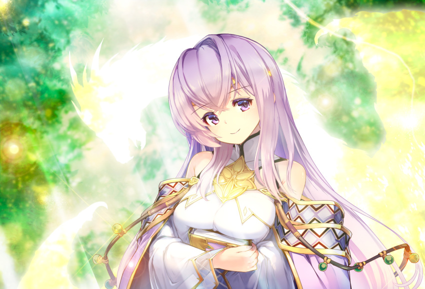 1girl book circlet closed_mouth dress fire_emblem fire_emblem:_genealogy_of_the_holy_war holding holding_book julia_(fire_emblem) long_hair long_sleeves purple_hair smile solo upper_body uro_(oolong) violet_eyes