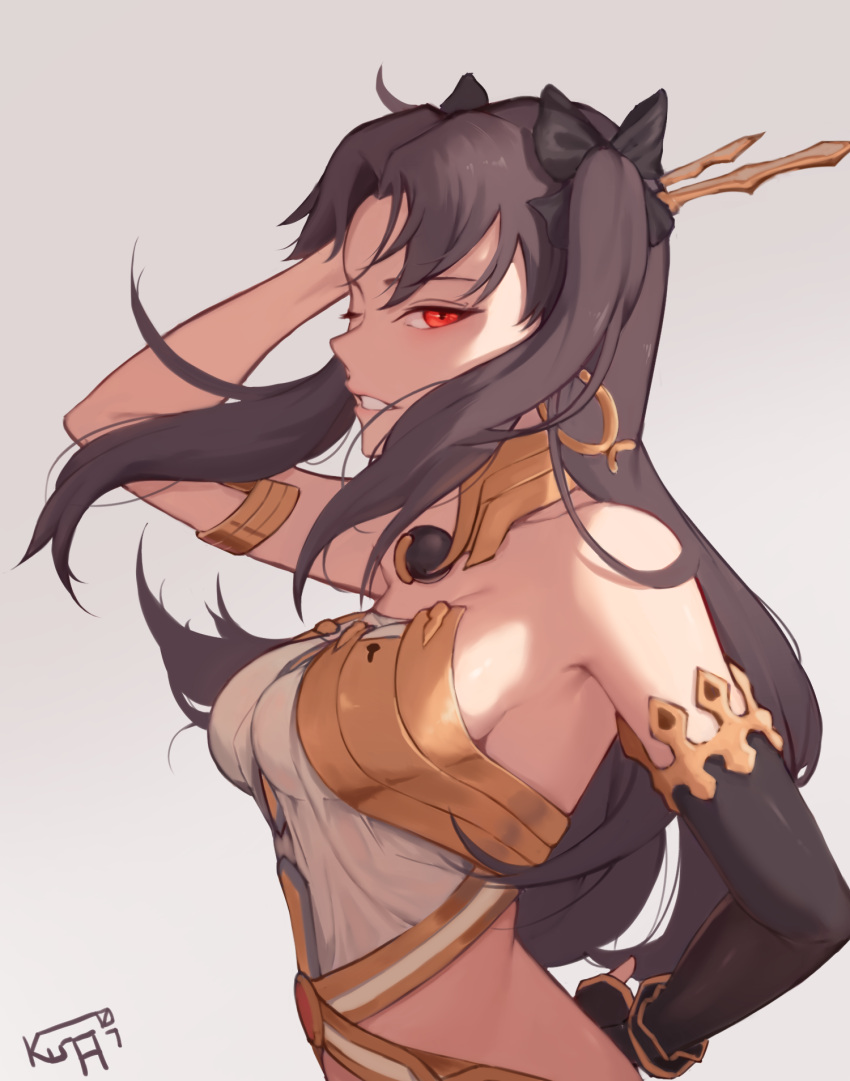 1girl armlet asymmetrical_sleeves bangs crown detached_sleeves earrings fate/grand_order fate_(series) hair_ornament highres hoop_earrings ishtar_(fate/grand_order) jewelry koharu1807 long_hair neck_ring one_eye_closed parted_bangs red_eyes signature simple_background single_detached_sleeve single_thighhigh solo thigh-highs tiara twintails two_side_up