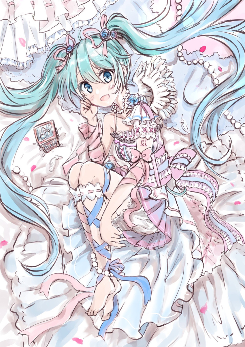1girl ankle_ribbon anklet aqua_hair arm_ribbon bare_shoulders barefoot beads bloomers blue_eyes bow collarbone commentary eighth_note frilled_bow frilled_shirt frills hair_ornament hair_ribbon hand_on_own_cheek hatsune_miku highres jewelry knees_up legband light_blush long_hair looking_at_viewer lying music_box musical_note obi on_side open_mouth petals pink_ribbon pink_skirt ribbon sash shirt shouga_(syouronron) skirt smile solo spaghetti_strap thigh_ribbon twintails underwear very_long_hair vocaloid wings