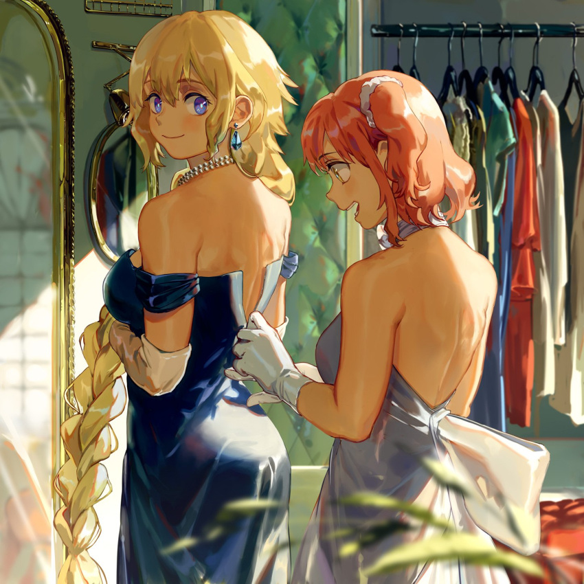 2girls a-1_pictures backless_dress backless_outfit bangs bare_shoulders blonde_hair blue_dress blue_eyes blurry_foreground braid braided_ponytail breasts clothes_hanger dress dressing_another earrings elbow_gloves eyebrows_visible_through_hair fate/apocrypha fate/grand_order fate_(series) fujimaru_ritsuka_(female) gloves highres jeanne_d'arc_(fate) jeanne_d'arc_(fate)_(all) jewelry long_hair looking_back medium_breasts mirror multiple_girls necklace open_mouth pearl_necklace pink_hair profile short_hair sidelocks smile strapless strapless_dress tamomoko type-moon ufotable very_long_hair white_dress white_gloves zipping