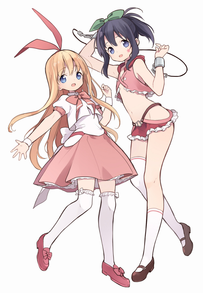 2girls :d amae_koromo arms_up asymmetrical_legwear bangs bare_shoulders black_hair blonde_hair blue_eyes bow brown_footwear chain cuffs eyebrows_visible_through_hair facial_mark frilled_legwear green_bow grey_background groin hair_between_eyes hair_bow hair_ribbon hand_up highres itsumi_(itumiyuo) kneehighs kunihiro_hajime long_hair looking_at_viewer multiple_girls navel open_mouth outstretched_arm pink_footwear pink_skirt pleated_skirt puffy_short_sleeves puffy_sleeves red_bow red_ribbon revealing_clothes ribbon saki shackles shirt shoes short_sleeves simple_background single_kneehigh single_thighhigh skirt smile star thigh-highs very_long_hair white_background white_legwear white_shirt wrist_cuffs