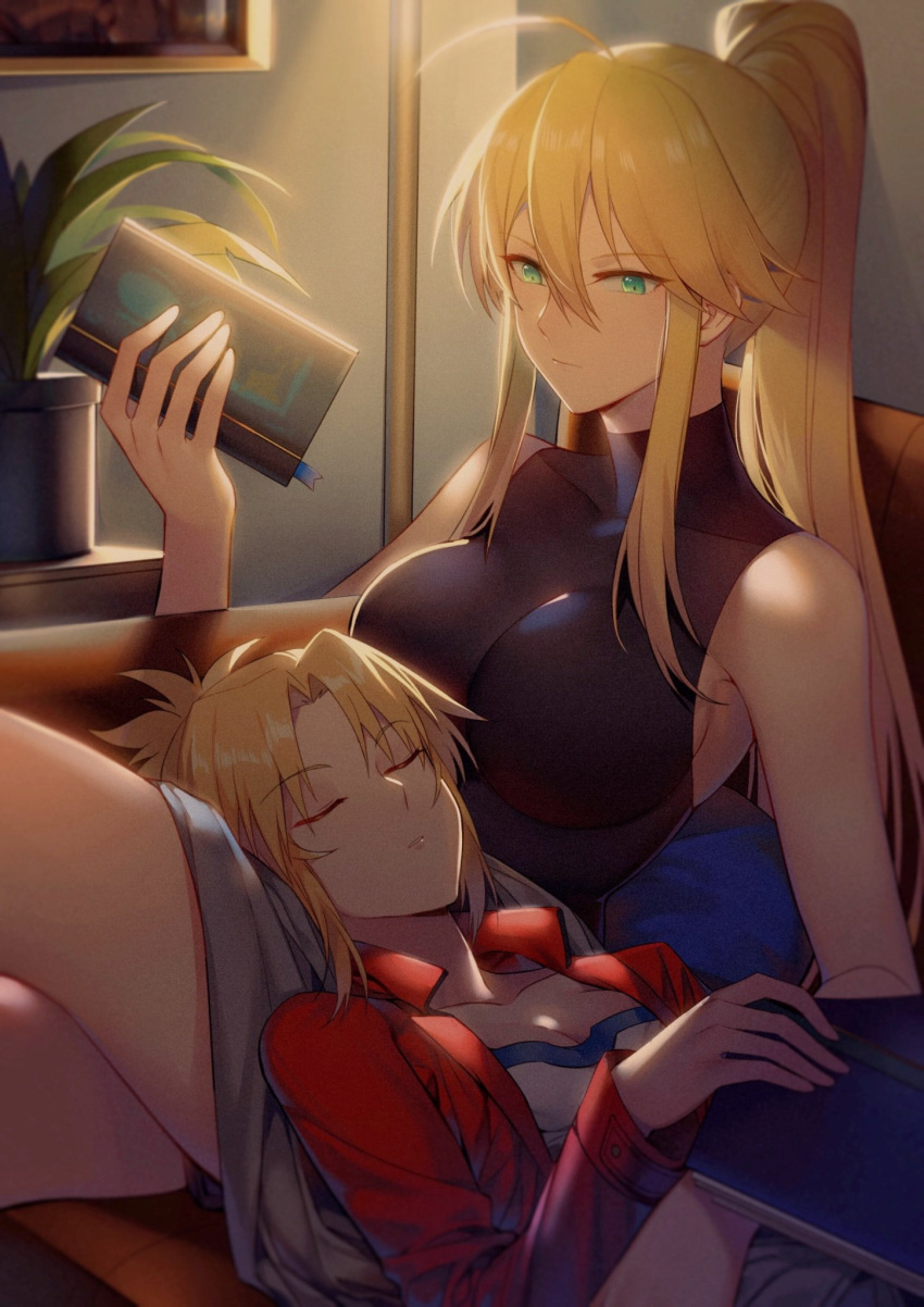 2girls ahoge aqua_eyes artoria_pendragon_(all) artoria_pendragon_(lancer) blonde_hair book bookmark breasts closed_eyes fate/apocrypha fate/grand_order fate_(series) flat_chest highres indoors jacket lap_pillow large_breasts mordred_(fate) mordred_(fate)_(all) mother_and_daughter multiple_girls ponytail red_jacket sleeping yorukun