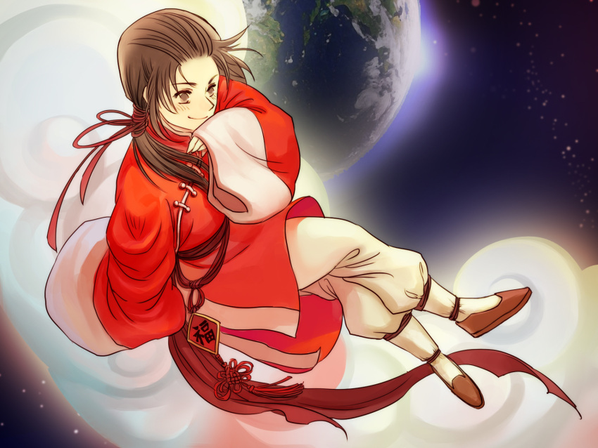 1boy axis_powers_hetalia blush brown_eyes brown_hair china_(hetalia) chinese_clothes closed_mouth clouds earth hangleing highres long_hair long_sleeves looking_at_viewer night night_sky planet ponytail sitting sky smile solo