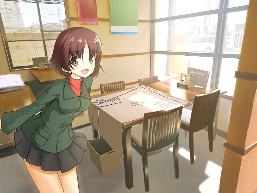 1girl :d absurdres alina_(girls_und_panzer) bangs black_skirt brown_eyes brown_hair chair commentary_request day eyebrows_visible_through_hair girls_und_panzer green_jacket highres indoors insignia instrument jacket kantele leaning_forward long_sleeves looking_at_viewer miniskirt open_mouth pleated_skirt pravda_school_uniform rebirth42000 red_shirt school_uniform shirt short_hair skirt smile solo standing sunlight table turtleneck wooden_chair wooden_table