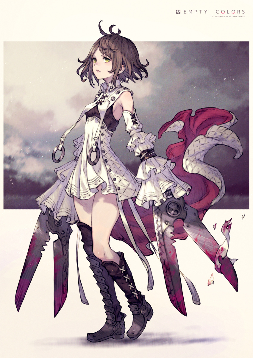 1girl ahoge asymmetrical_footwear bare_shoulders beige_background blood bloody_weapon boots breasts brown_hair commentary_request cross-laced_footwear detached_sleeves dress full_body highres kusano_shinta leather leather_boots looking_at_viewer open_mouth original scissors short_hair small_breasts solo weapon white_dress yellow_eyes