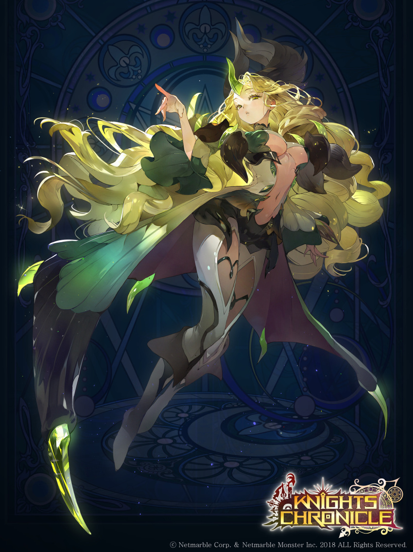 1girl absurdres boots center_opening copyright_name curly_hair eurora full_body green_eyes green_hair highres horn horns knights_chronicle long_hair midriff navel official_art solo sparkle teeth yon_(yonana)