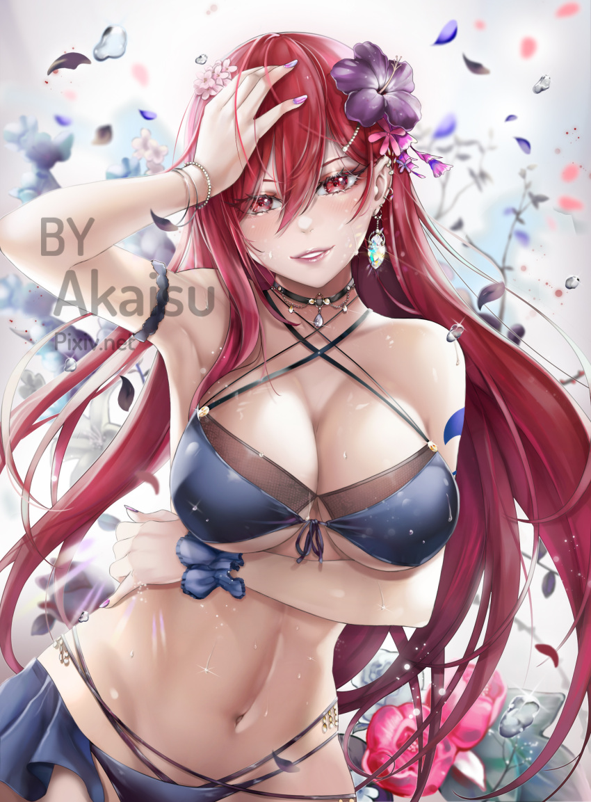 1girl absurdres akais armpits artist_name bikini blue_bikini blush breasts criss-cross_halter erza_scarlet fairy_tail floating_hair flower front-tie_bikini front-tie_top grin groin hair_between_eyes halterneck hand_on_head hibiscus highres jewelry large_breasts log long_hair looking_at_viewer multi-strapped_bikini nail_polish navel necklace petals pink_nails purple_hair red_eyes red_flower redhead smile solo standing swimsuit under_boob very_long_hair watermark
