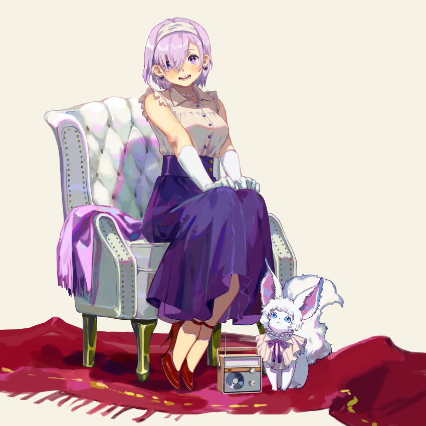 1girl animal breasts carpet chair collared_shirt creature earrings fate/grand_order fate_(series) fou_(fate/grand_order) frilled_shirt frills gloves hair_between_eyes hair_over_one_eye high_heels highres jewelry looking_at_viewer mash_kyrielight medium_breasts necklace open_mouth pearl_necklace purple_hair purple_skirt red_footwear shirt shirt_tucked_in short_hair simple_background sitting skirt sleeveless smile solo tamomoko violet_eyes white_background white_gloves white_shirt