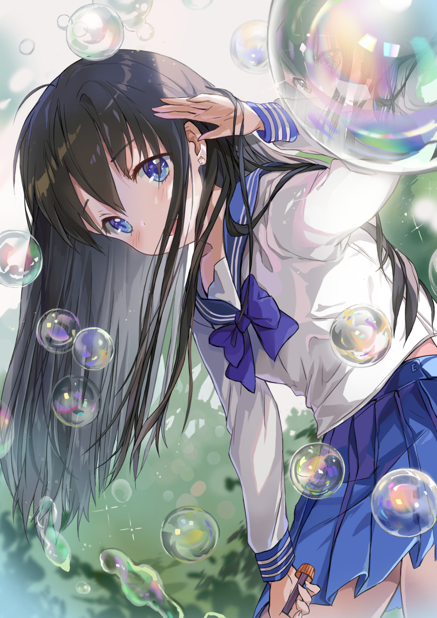 1girl :d black_hair blouse blue_eyes blue_neckwear blue_sailor_collar blue_skirt blurry blurry_background blush bow bowtie bubble bubble_blowing bubble_pipe commentary_request cowboy_shot day earrings eyebrows_visible_through_hair hand_up highres holding jewelry leaning_forward long_hair long_sleeves looking_at_viewer open_mouth original outdoors pleated_skirt reflection sailor_collar saya_(mychristian2) school_uniform serafuku skirt smile solo sparkle standing white_blouse