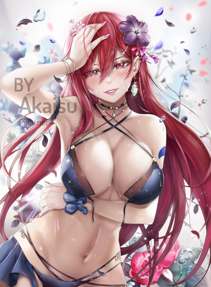 1girl absurdres akais armpits artist_name bikini blue_bikini blush breasts criss-cross_halter erza_scarlet fairy_tail floating_hair flower front-tie_bikini front-tie_top grin groin hair_between_eyes halterneck hand_on_head hibiscus highres jewelry large_breasts log long_hair looking_at_viewer multi-strapped_bikini nail_polish navel necklace petals pink_nails purple_hair red_eyes red_flower redhead smile solo standing swimsuit under_boob untied untied_bikini very_long_hair watermark