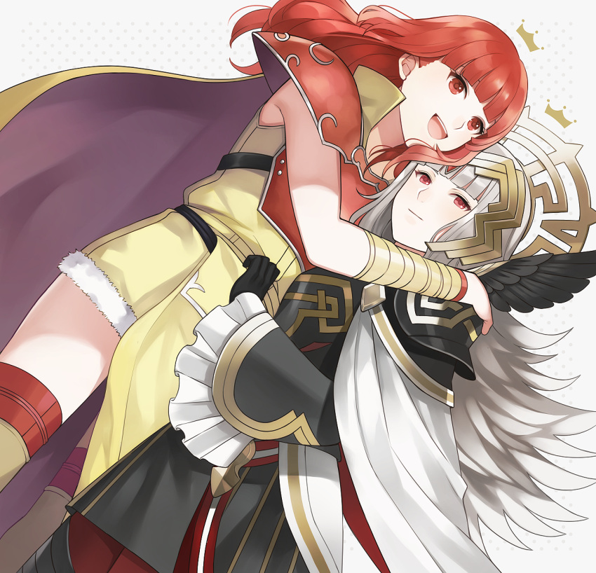 2girls :d armor aym_(ash3ash3ash) bangs black_gloves blunt_bangs breastplate brown_cape cape celica_(fire_emblem) commentary_request crown dress expressionless fire_emblem fire_emblem_echoes:_shadows_of_valentia fire_emblem_gaiden fire_emblem_heroes gloves grey_background grey_hair hair_ornament highres hug long_hair looking_at_viewer multiple_girls open_mouth polka_dot polka_dot_background red_armor red_eyes redhead short_hair simple_background smile thigh-highs veronica_(fire_emblem) weapon white_cape wrist_wrap