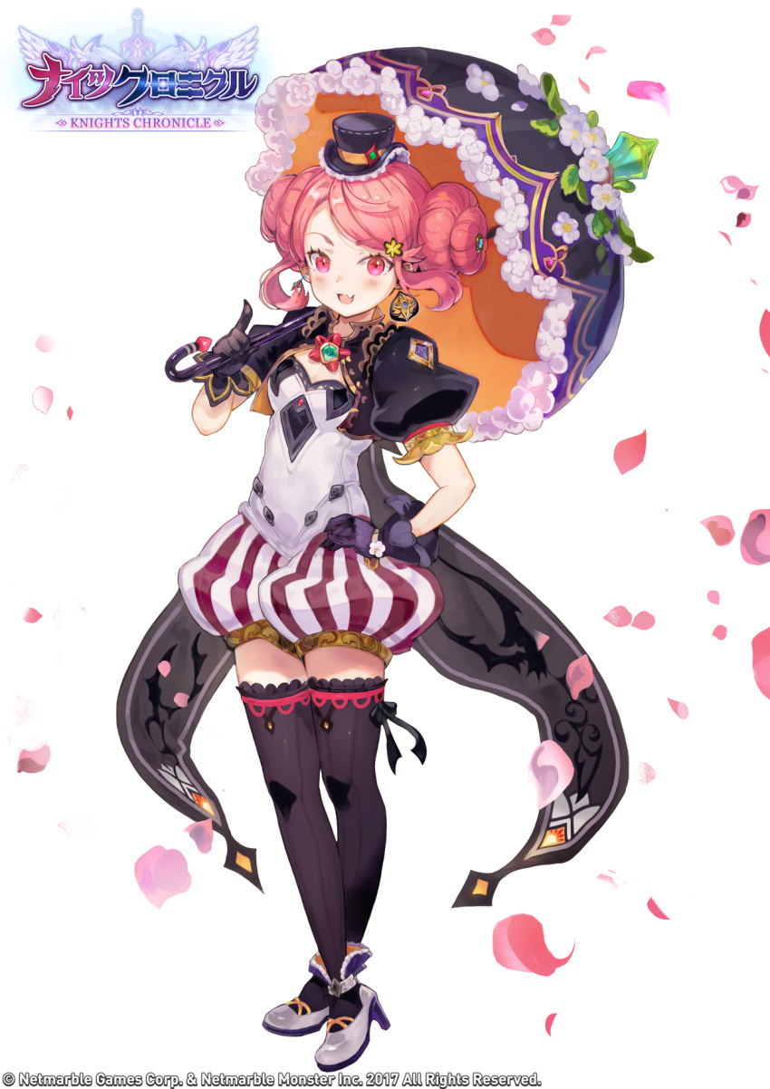 1girl blush carolina_(knights_chronicle) copyright_name double_bun earrings fang flower full_body gloves gokuma hair_flower hair_ornament hat highres jewelry knights_chronicle leaf official_art open_mouth petals pink_eyes pink_hair solo teeth thigh-highs umbrella white_background