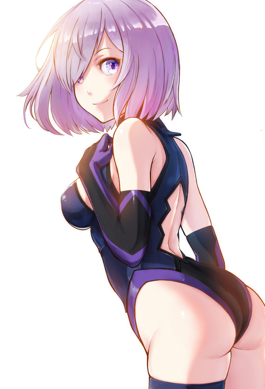 1girl absurdres ass asymmetrical_legwear back_cutout bangs black_gloves black_leotard blue_legwear breasts closed_mouth elbow_gloves fate/grand_order fate_(series) from_side gloves highres huge_filesize itou_kazuki leaning_forward leotard looking_at_viewer mash_kyrielight medium_breasts purple_hair shiny shiny_hair short_hair sideboob simple_background single_thighhigh smile solo swept_bangs thigh-highs violet_eyes white_background